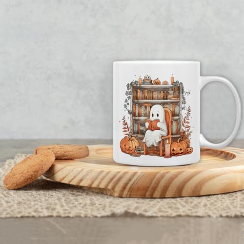 Halloween Reading Ghost Mug - White 11oz Ceramic Coffee Cup for Book Lovers
