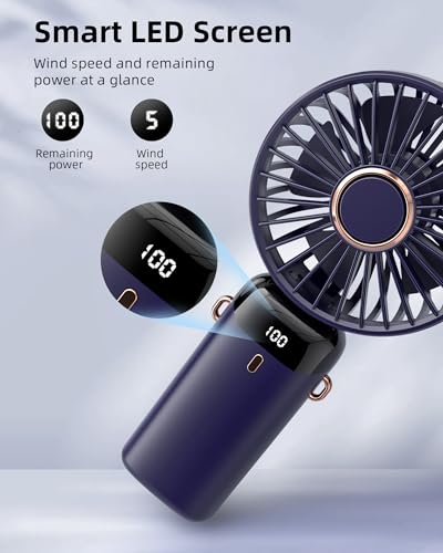 Koonie Portable Handheld Fan - 5 Speeds, Rechargeable, 8H Battery, 90° Tilt