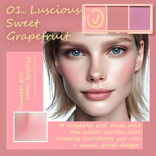 Kootinn 3-Color Matte Pink Blush Palette with Brush Long Lasting