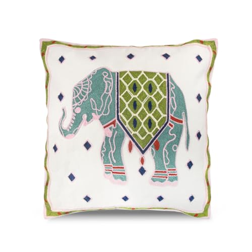 Blue Elephant Embroidered Throw Pillow Cover 18x18 Cotton Linen Farmhouse