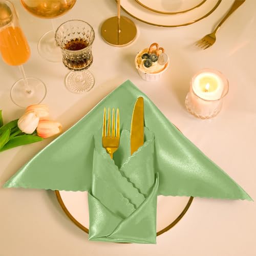 Manyshofu 6-Pack Sage Green Satin Scalloped Napkins, 18x18"