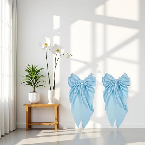 Light Blue Jumbo Silky Satin Hair Bow Barrettes with Long Tails (2-Pack)