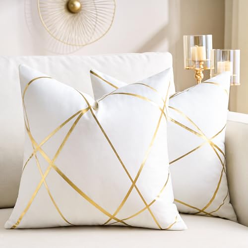 White Velvet Decorative Pillow Covers 16x16 - Pack of 2 with Gold Foil Design