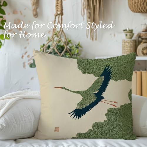 Japanese Green Crane Flannel Pillow Cover 18x18, Oriental Throw Case