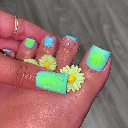 Square Press-On False Nails Set Blue French Pattern 24pcs