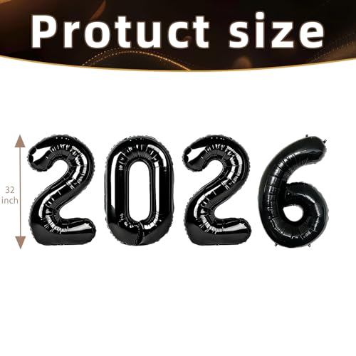 32-Inch Black 2026 Graduation & New Year Balloons - Mylar Decor