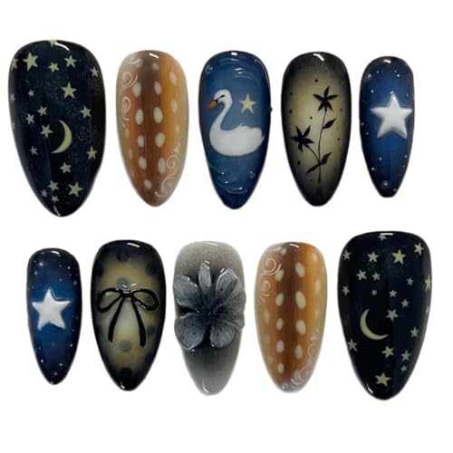 Medium Almond Press on Nails Star Moon Bow Glossy Acrylic Fake Nails