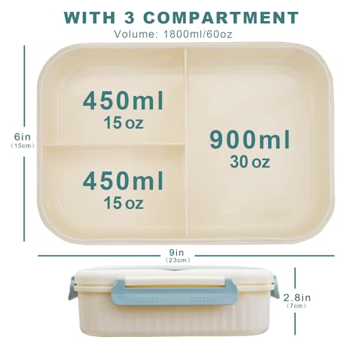 AYauGamA Bento Box - 3-Compartment Adult Lunch Box, 1800ml, BPA-Free, Microwave & Dishwasher Safe, Includes Spoon & Fork (Blue)