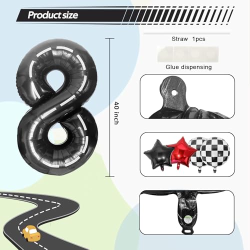 LEBERY Race Car Number 8 Balloon Set, 40-Inch Black Racetrack & Checkered Balloons