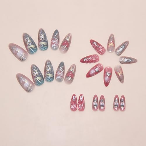 Pink Heart Press on Nails Medium Valentines Fake Nails with 3D Butterfly