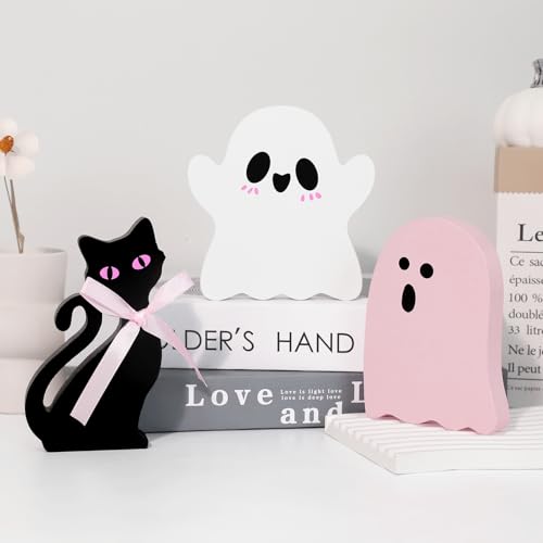 Cute Pink Ghost Halloween Decor - 3-Piece Wooden Set for Home