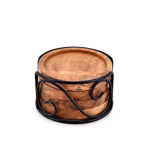 Acacia Wood Coaster Set with Iron Holder - 4 Pack, Tea & Drink Accessories