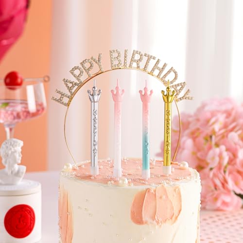 Gradient Pink Crown Birthday Candles - 5PCS Long Smokeless Wax