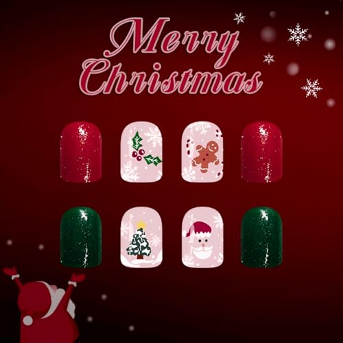 Christmas Press On Nails Short Green and Red False Nails with Holiday Designs