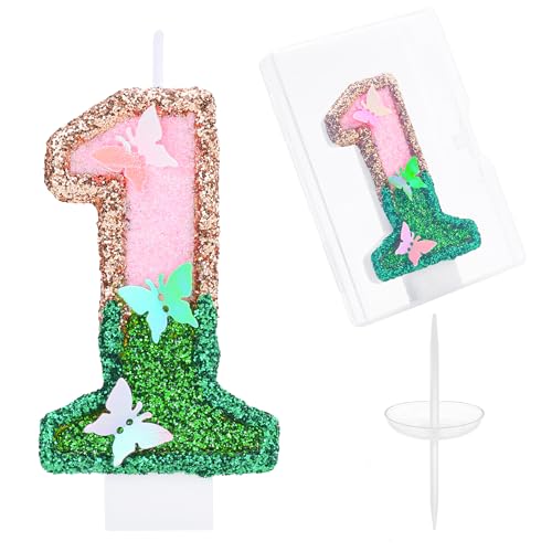 Butterfly Birthday Candle Number 1 - Pink & Green Glitter Cake Topper