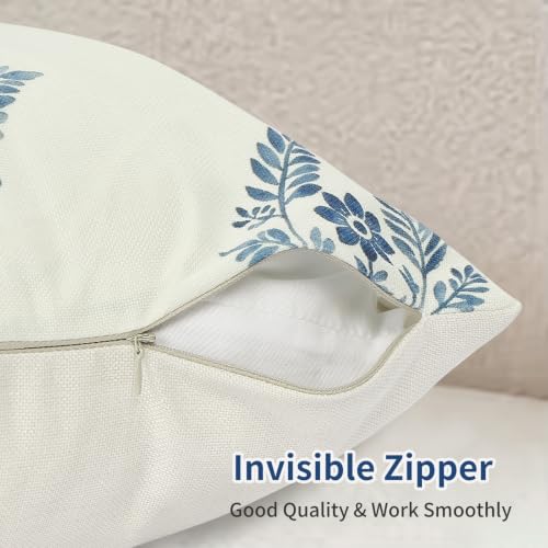 Blue Floral Vintage Pillow Cover 18x18 - Cozy Linen, Quick-Dry