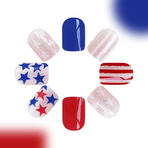 4th of July Short Square Press on Nails Red White Blue Star Fake Nails