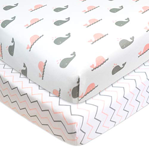 Baby Mini Crib Sheet 2 Pack 100% Cotton Fitted Pink Whale / Zigzag, 38" x 24"