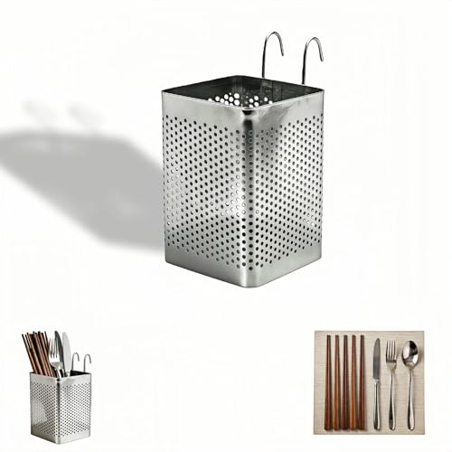 Stainless Steel Utensil Holder with Hooks - Compact Organizer
