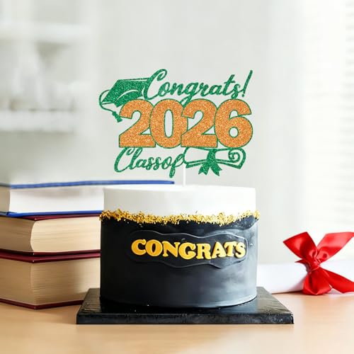 2026 Graduation Cake Topper - Green & Orange Glitter Decor