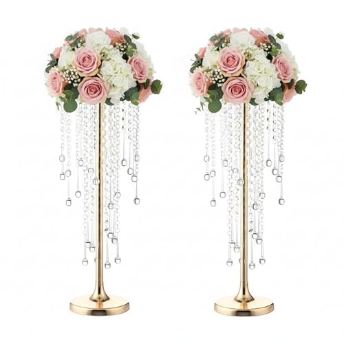 Tall Gold Vases for Table Centerpieces - 2pcs with Crystal Beads - Elegant Flower Stands, 21.7in, Gold / 2 x S