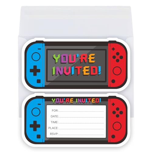 Video Game Birthday Party Invitations - 3x6 Inch Cards with 20 Envelopes