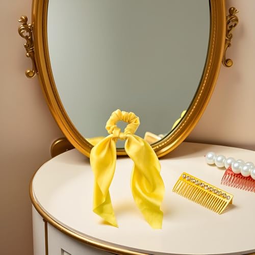 Yellow Satin Bow Scrunchies 2-Pack Ribbon Ponytail Hair Ties