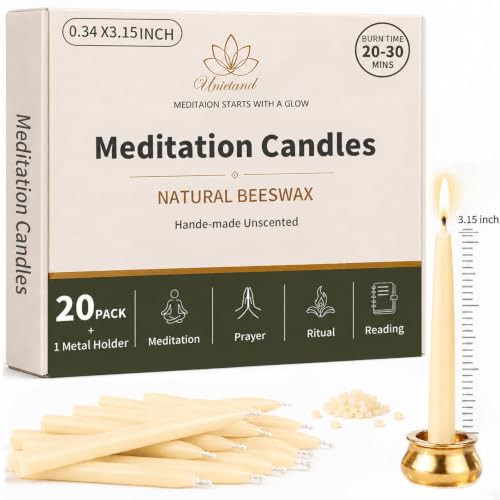 Natural Beeswax Meditation Candles 20 Pack - 3.15 Inch Dripless Ritual Candles with Brass Holder
