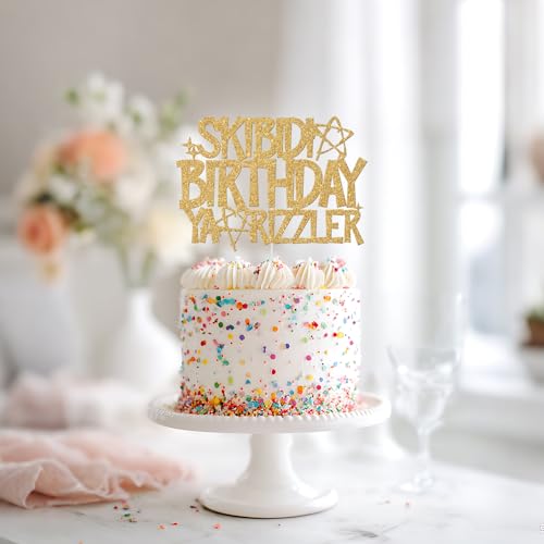 Skibidi Birthday Ya Rizzler Cake Topper Gold Glitter Party Decoration