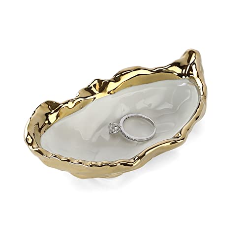 Oyster Shell Jewelry Dish with Gold Trim - Trinket Tray for Rings & Earrings