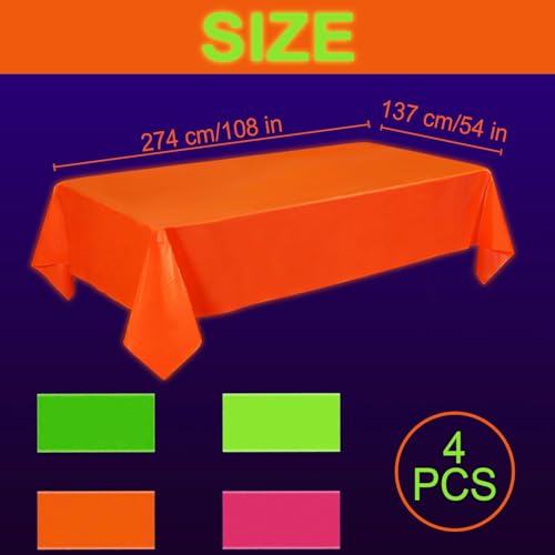 Oigco 4 Pack Neon Tablecloths - Glow in The Dark Party Supplies, 54x108 Inch