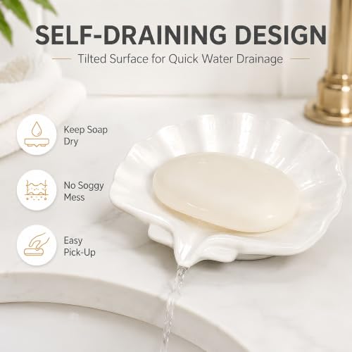Self-Draining Ceramic Soap Dish - Seashell Design for Bathroom