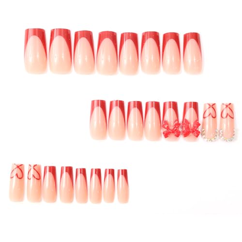 French Tip Press on Nails Square 3D Bow Rhinestone False Nails