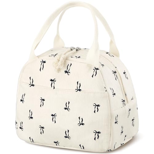 Dansydaisy Insulated Corduroy Lunch Bag with Bow - Aesthetic Tote for Women