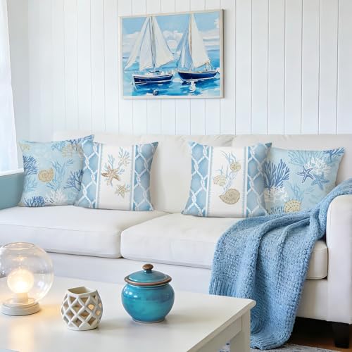 Bonhause Coastal Ocean Throw Pillow Covers, 18x18 Inch, Set of 4, Blue