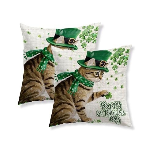 St. Patrick's Day Shamrock Cat Throw Pillow Cover 18x18