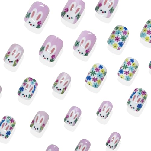 Easter Press on Nails Short Square False Nails with Cute Rabbit Flower