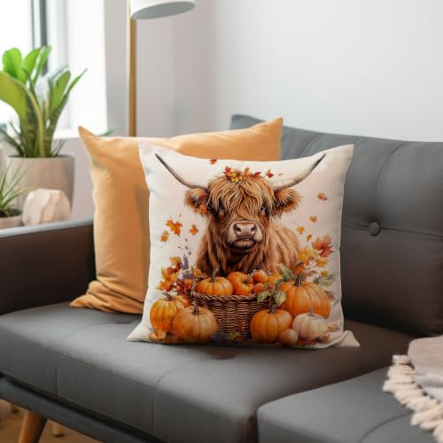 Highland Cow Autumn Pillow Cover 18x18 - Fall Decor with Pumpkins