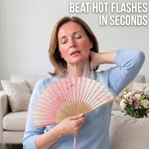 Pink Japanese Folding Hand Fan for Women - Bamboo Silk with Pouch
