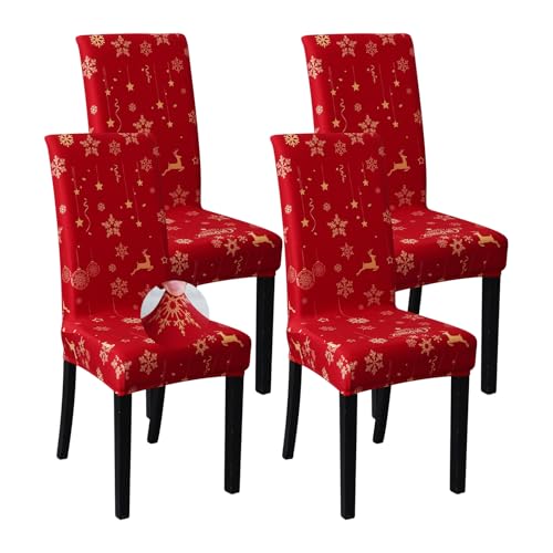 Christmas Dining Chair Covers Set of 4 - Spandex Parsons Chair Slipcovers with Holiday Decor