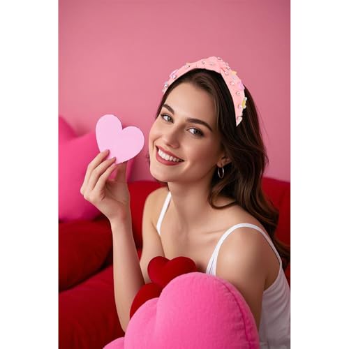 CURASA Pink Knotted Headband with Rhinestones Valentine Hair Accessory