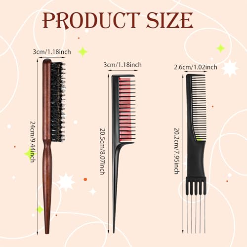 Macuezu 3-Piece Hair Teasing Comb Set with Rat Tail and Wooden Handles