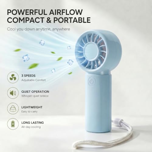 Jerjerboo Portable Mini Fan - 3-Speed Handheld Cooling Fan with Lanyard, Blue