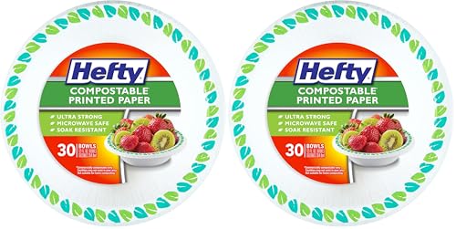 Hefty Compostable Paper Bowls 12oz, 30 Count (Pack of 2) - Soak-Resistant & Microwave Safe