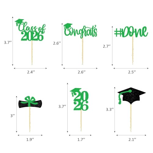Green Glitter Graduation Cupcake Toppers Class of 2026 Party 24Pcs