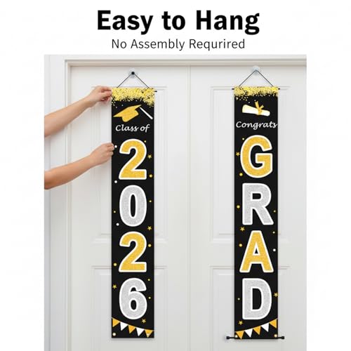 Class of 2026 Graduation Banner - Black & Gold Porch Decor 70" x 11"