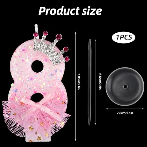 Pink Number 8 Glitter Crown Birthday Candle with Bow