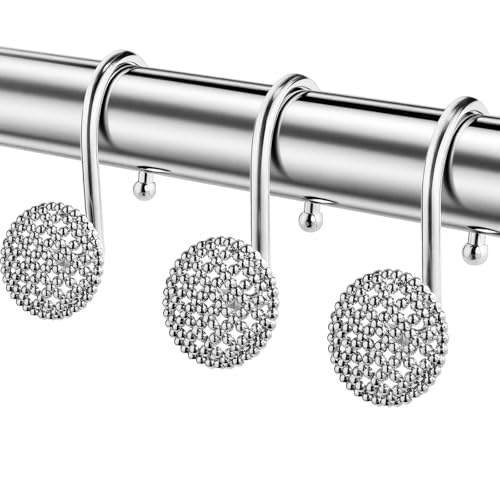 Pearlbee Chrome Shower Curtain Hooks - Round Beaded Design, 12 Pack, Zinc Alloy