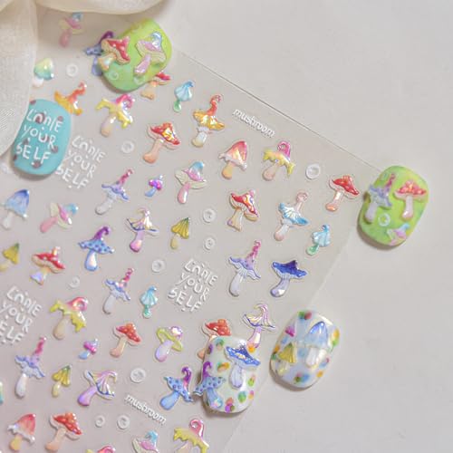 5D Embossed Mushroom Nail Art Stickers Colorful Summer Manicure Decals