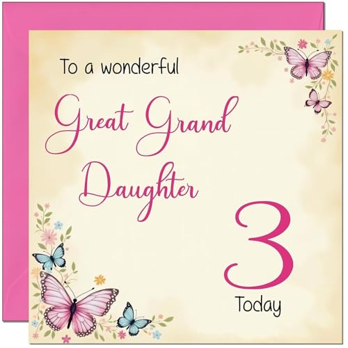 Floral Butterfly Birthday Card for Great Granddaughter, 3 Years Old
